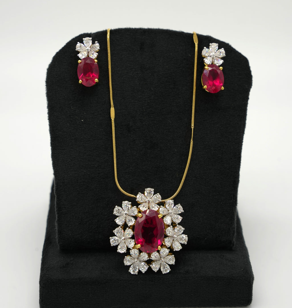 Silver Swarovski Red Stone Pendant Set